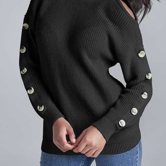 (V84) Venus Women’s Black Cold Shoulder Sweater Medium Long Sleeve Button Detail - Picture 2 of 10